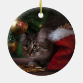 White Paw Print Navy Blue Cat Foto met naam Jaar Keramisch Ornament (Achterkant)