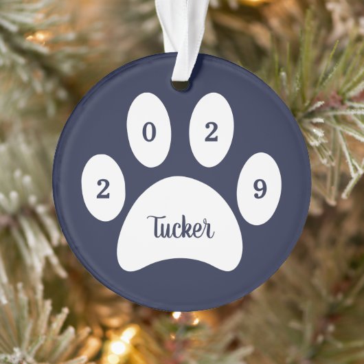 White Paw Print Navy Blue Dog Foto met naam Jaar Ornament (Boom)