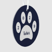 White Paw Print Navy Blue Dog Foto met naam Jaar Ornament (voorkant)