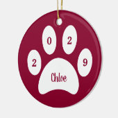 White Paw Print Red Cat Foto met naam Jaar Keramisch Ornament (Links)