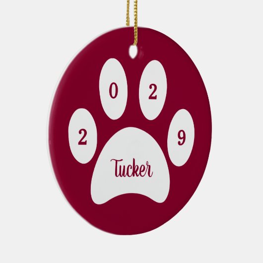 White Paw Print Red Dog Foto met naam Jaar Keramisch Ornament (Rechts)