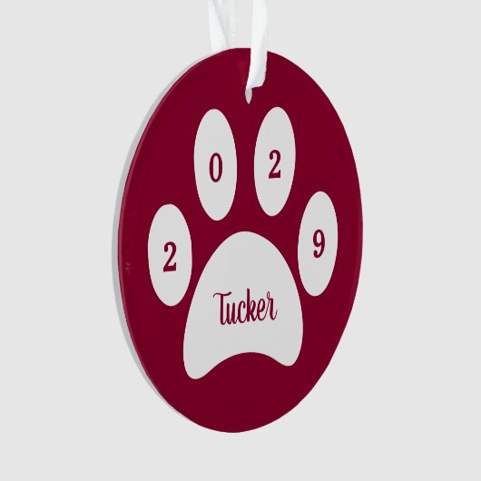White Paw Print Red Dog Foto met naam Jaar Ornament (voorkant)