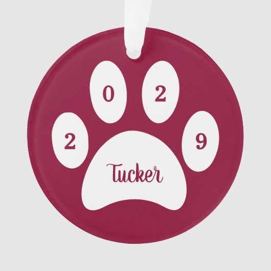 White Paw Print Red Dog Foto met naam Jaar Ornament (voorkant)