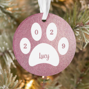 White Paw Print Roos Gold Dog Foto met naam Jaar Ornament