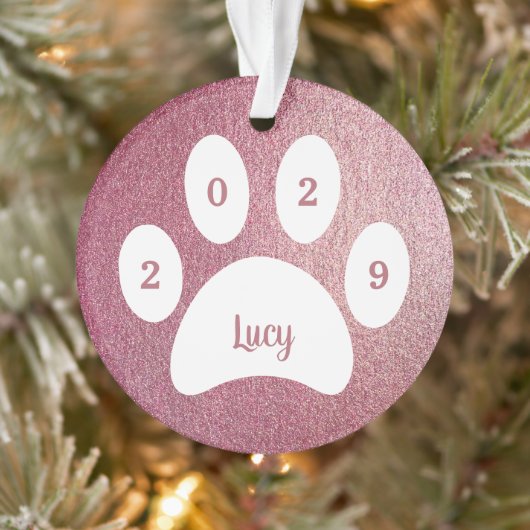 White Paw Print Roos Gold Dog Foto met naam Jaar Ornament (Boom)
