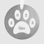 White Paw Print Silver Cat Foto met naam Jaar Ornament (voorkant)