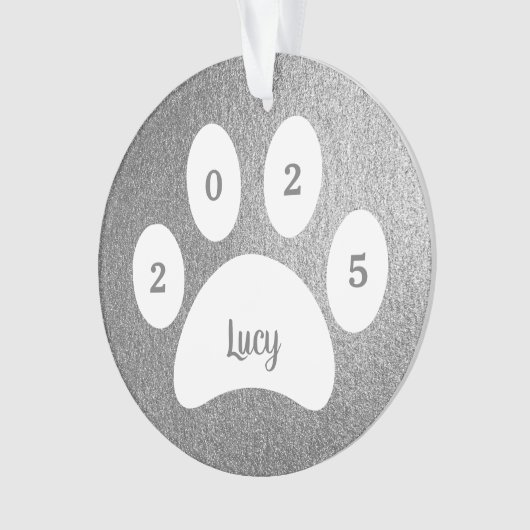 White Paw Print Silver Dog Foto met naam Jaar Ornament (voorkant)