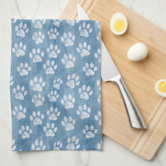 White Paw Prints op Blauw – Rustieke Pet Lover Theedoek (Quarter Fold)