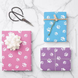 White Paw Prints Patroon Roze Blauw Paarse Inpakpapier Vel