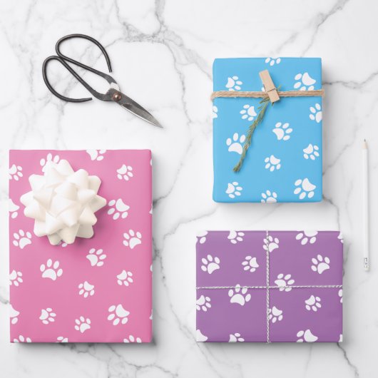 White Paw Prints Patroon Roze Blauw Paarse Inpakpapier Vel (Voorkant)