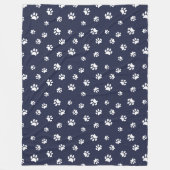 White Paw Prints Pattern Navy Blue Fleece Deken (Voorkant)