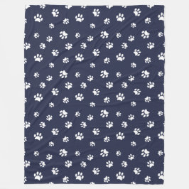 White Paw Prints Pattern Navy Blue Fleece Deken