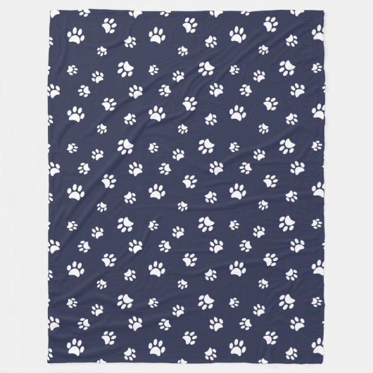 White Paw Prints Pattern Navy Blue Fleece Deken (Voorkant)