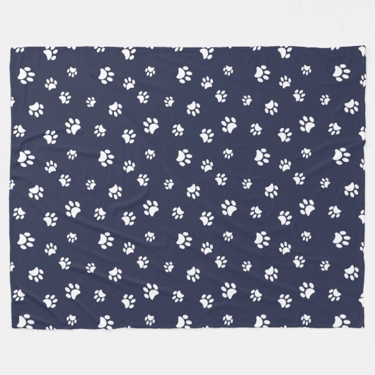 White Paw Prints Pattern Navy Blue Fleece Deken (Voorkant (Horizontaal))