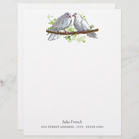 White Peace Dove Birds on Branch Letterhead Briefhoofd (Voorkant / Achterkant)