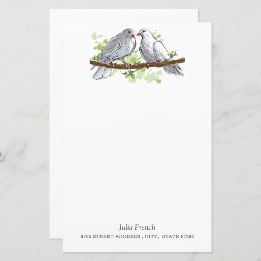 White Peace Dove Birds on Branch Stationery Paper (Voorkant / Achterkant)
