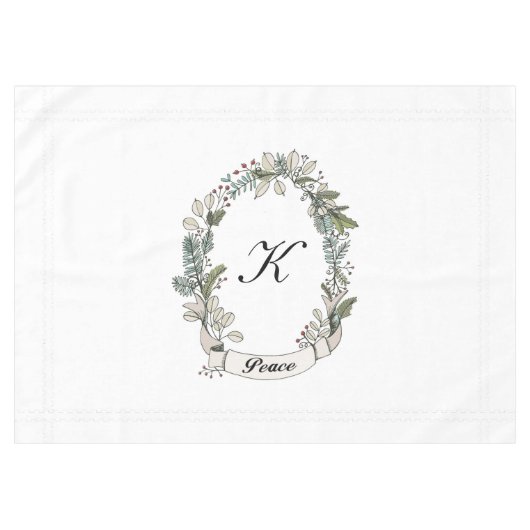 White Peace Wreatay Holiday Monogram Tablecloth Tafelkleed (Voorkant (Horizontaal))
