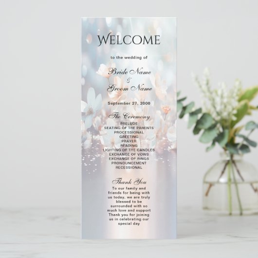 White Peach Bloemen Wedding Programma Programmakaart (Staand voorkant)