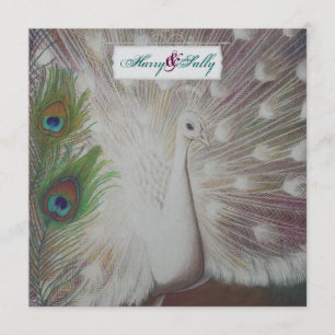 White Peacock and Feather Wedding Invitation Kaart