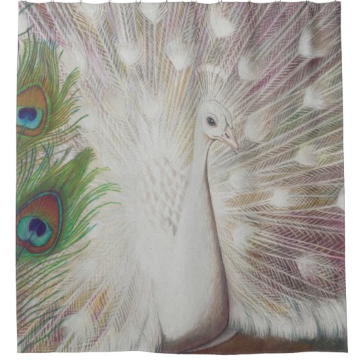 White Peacock and Green Peacock Feather art Print Douchegordijn (Voorkant)