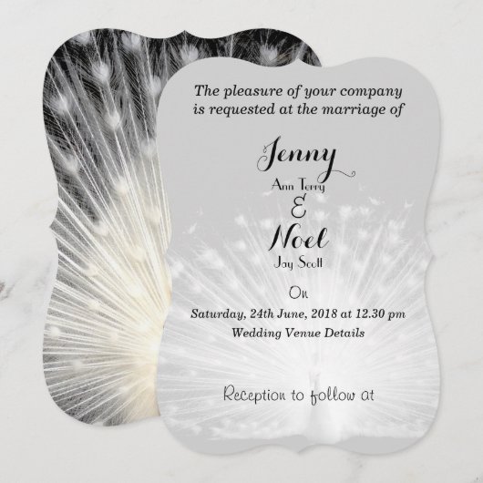 White Peacock Feathers Wedding Invitation Kaart (Voorkant / Achterkant)