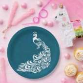 White Peacock on Blauwgroen Chic Stylish Art Deco  Papieren Bordje (Feest)