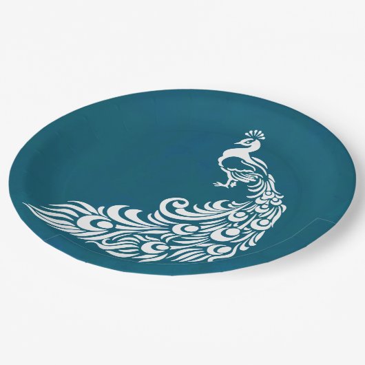 White Peacock on Blauwgroen Chic Stylish Art Deco  Papieren Bordje (Gekanteld)