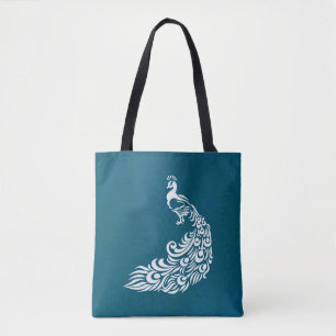 White Peacock on Blauwgroen Chic Stylish Art Deco Tote Bag