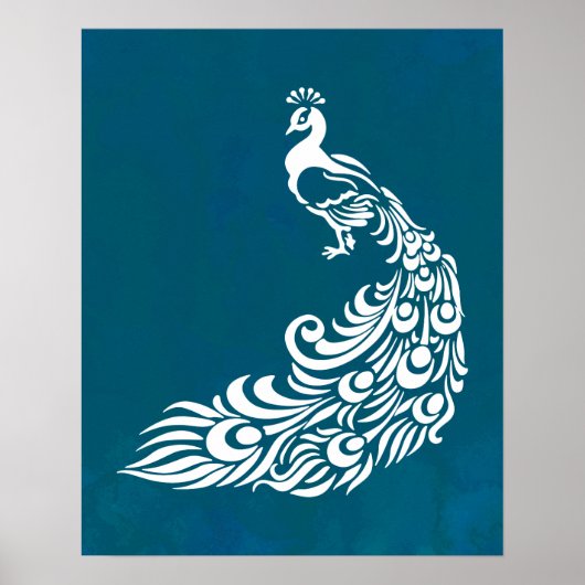 White Peacock on Blauwgroen stijlvol kunstdecoontw Poster (Voorkant)