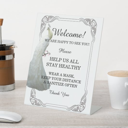 White Peacock Wedding Safety Reclamebord Met Voetstuk (Insitu)