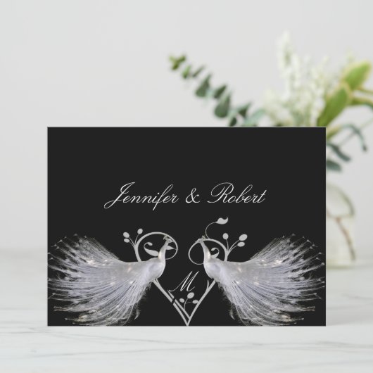 White Peacocks Heart Monogram Weddenschap Kaart (Staand voorkant)