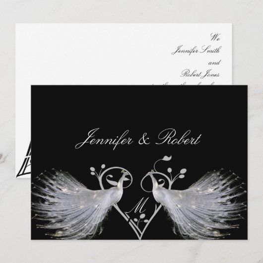 White Peacocks Heart Monogram Weddenschap Kaart (Voorkant / Achterkant)