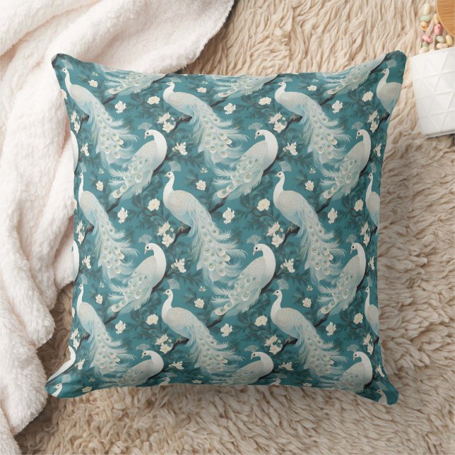 White Peacocks on Teal Throw Pillow Kussen (Deken)