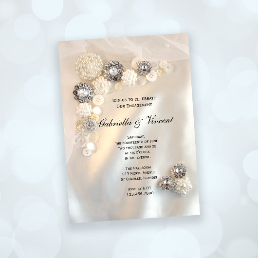 White Pearl and Diamond Buttonnen Engagement Party Kaart