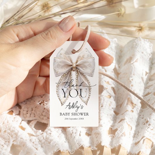 White Pearl Bow Baby shower Bedankt Cadeaulabel