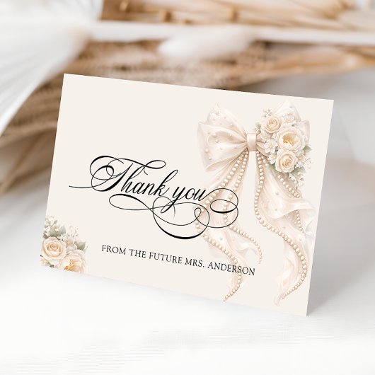 White Pearl Bow Bridal Shower Thank You Card Bedankkaart