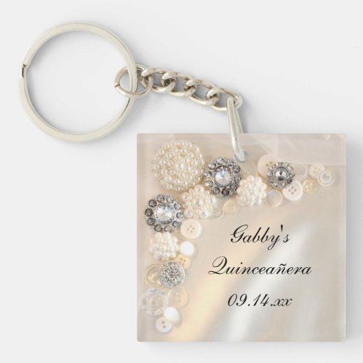 White Pearl en Diamond Buttonnen Quinceñera Sleutelhanger (voorkant)