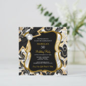 White Pearl Gold Bow Black Damask Birthday Invite Kaart (Staand voorkant)