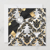White Pearl Gold Bow Black Damask Birthday Invite Kaart (Achterkant)