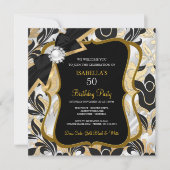 White Pearl Gold Bow Black Damask Birthday Invite Kaart (Voorkant)