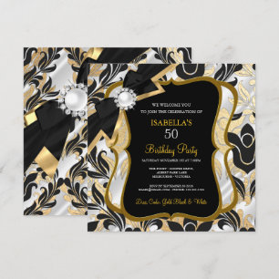White Pearl Gold Bow Black Damask Birthday Invite Kaart
