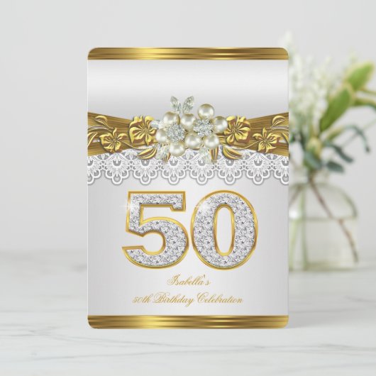 White Pearl Gold Lace Floral 50e verjaardag Kaart (Staand voorkant)
