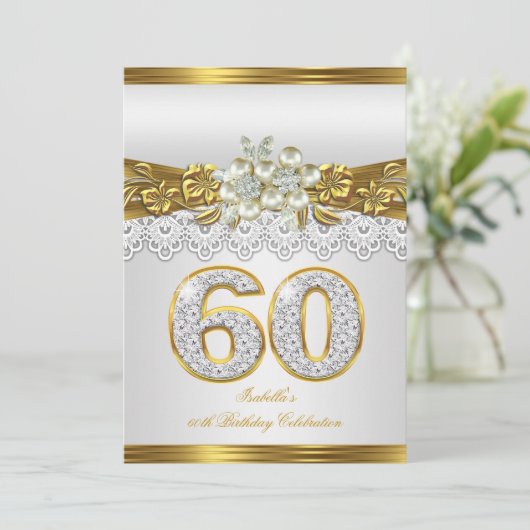 White Pearl Gold Lace Floral 60e verjaardag Kaart (Staand voorkant)
