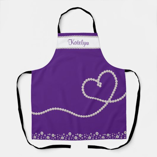 White Pearl Heart op Paarse gepersonaliseerd Schort (Voorkant)