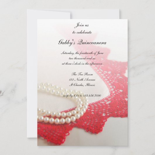 White Pearls and Red Lace Quinceañera Party Kaart (Voorkant)