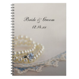 White Pearls, Diamond Ring and Blue Lace Wedding Notitieboek