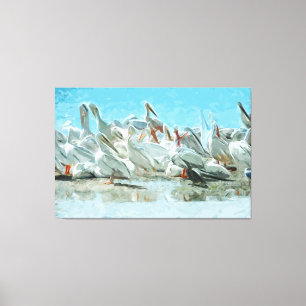 White Pelicans and Cormorant Abstract Canvas Afdruk