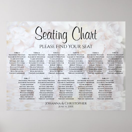 White Peonies 11 Table Wedding Seating Chart Poster (Voorkant)