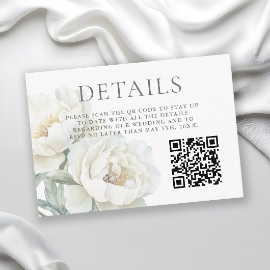 White Peonies Floral Wedding Details QR code Informatiekaartje