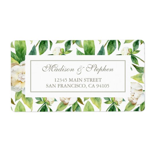 White Peonies & Leaf Waterverf - Wedding Etiket (Voorkant)